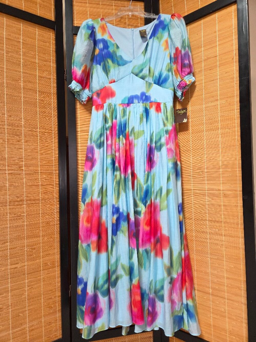 Taylor Women's Size 10/8 Watercolor Floral Puff Sleeve Maxi Dress Pockets